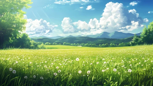 Summer wildflower meadow under towering cumulus clouds