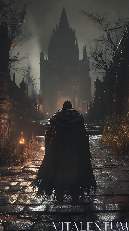 Cloaked wanderer greeting a brooding gothic fortress.