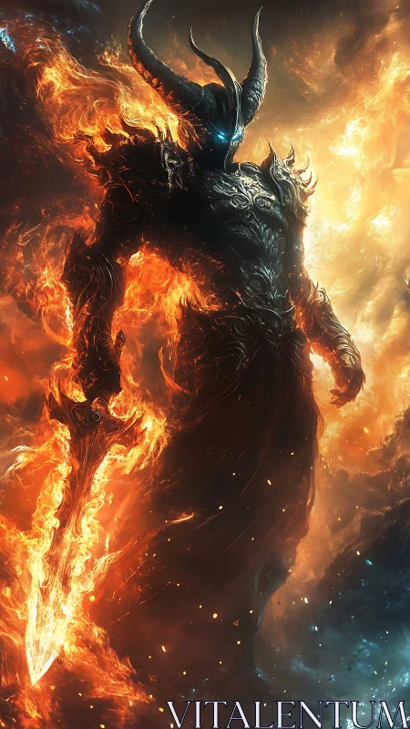 Armored horned demon warrior wielding blazing flame sword.