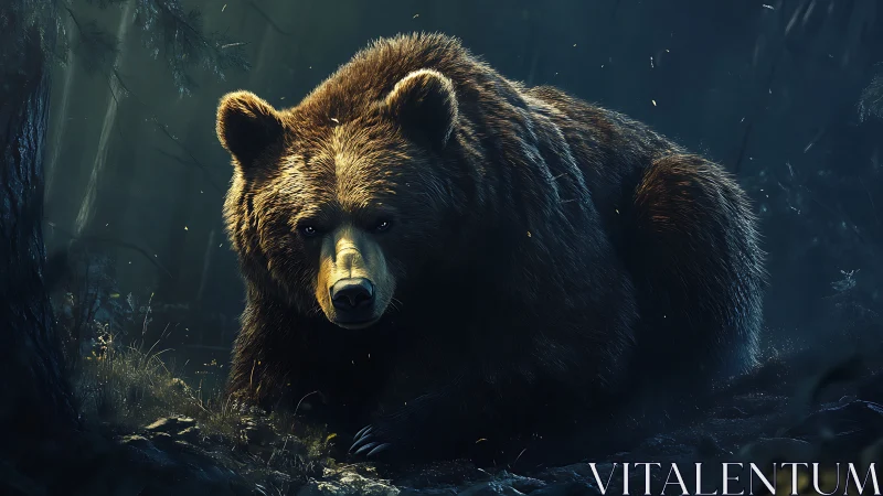 Low-key digital study of a crouched brown bear in forest dusk