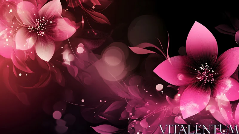 Luminescent Bloom Tapestry: Where Magenta Petals Dance Through Obsidian Mist.