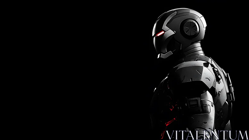 Armored humanoid robot in profile on black background.