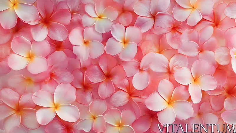 Pink and coral plumeria flowers densely arranged with delicate petals