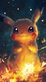 Pikachu surrounded by intense fire and electric energy.