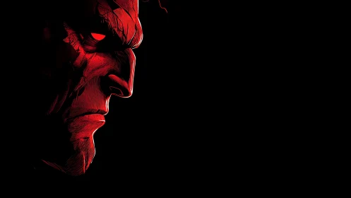 Red chiaroscuro profile of ominous stylized male visage.