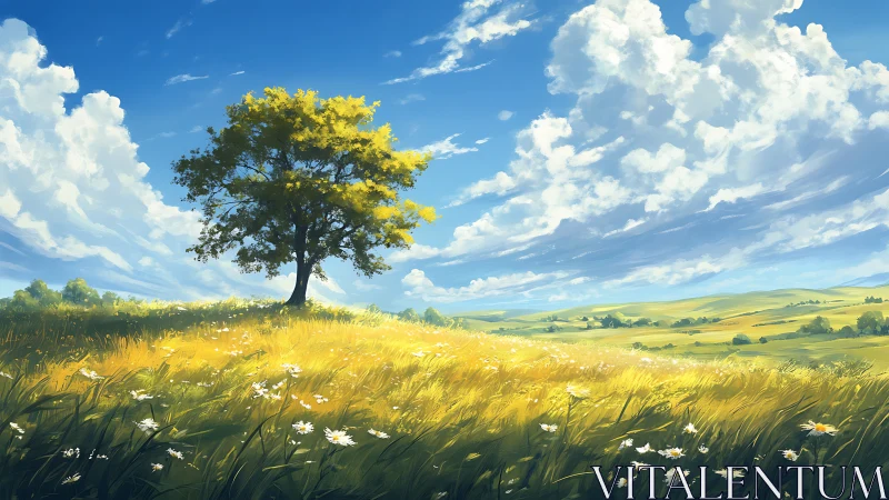 Solitary deciduous tree on grassy hillside under cumulus sky.