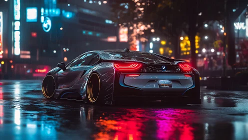Futuristic BMW coupe under neon city rain reflections.