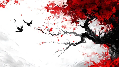 Dynamic red maple canopy with silhouetted birds in high contrast