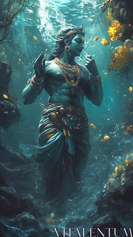Divine underwater figure draped in gold and teal robes.