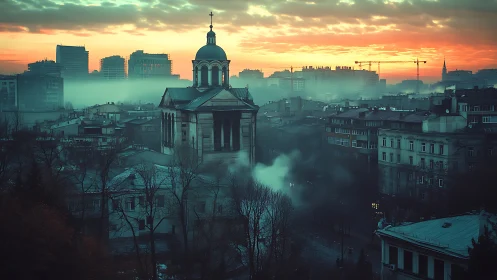 Foggy city church rises beneath a vivid orange winter sunrise