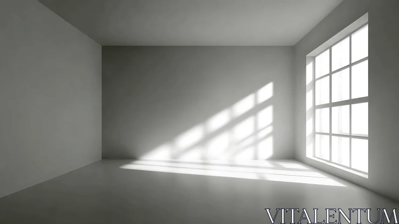 Minimalist sunlit empty room with large grid window.