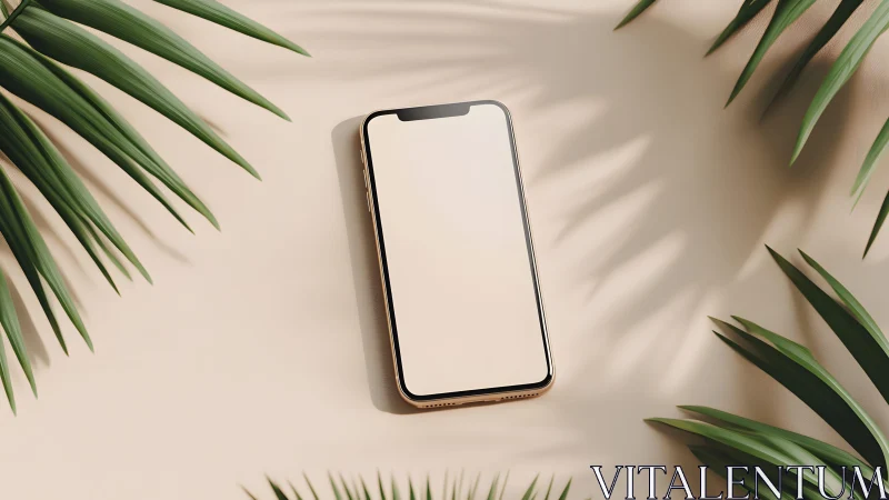 Modern smartphone on beige surface with tropical leaves, minimal style.