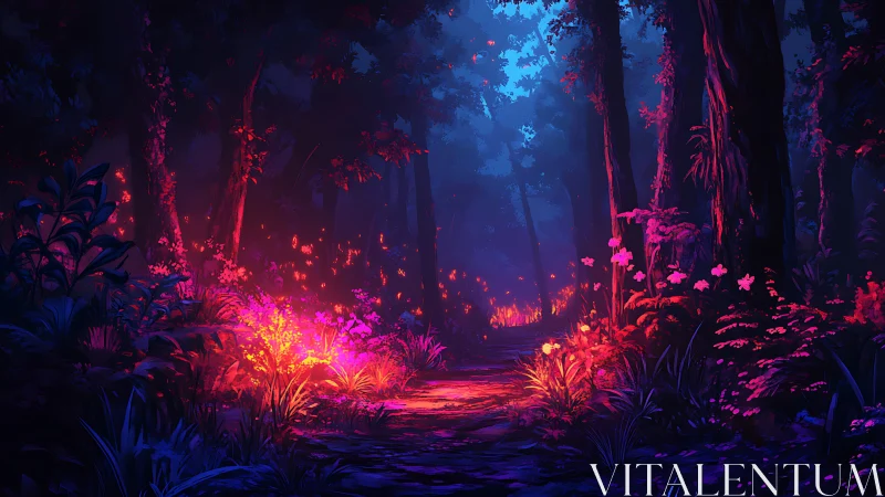 Bioluminescent Forest Path: Neon Illuminated Woodland Corridor