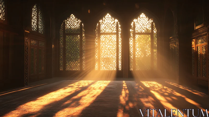 Sunlit arabesque windows casting patterned golden rays.
