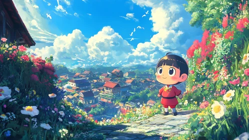 Anime village vista with floral foreground and child figure.