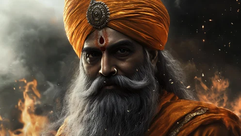 Emberlit mystic elder wrapped in glowing saffron calm.