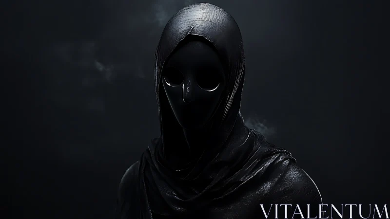 Shrouded faceless figure in glossy black hooded cloak.