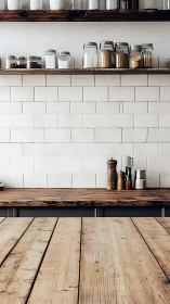 Wood countertop and jars align against tiled kitchen wall