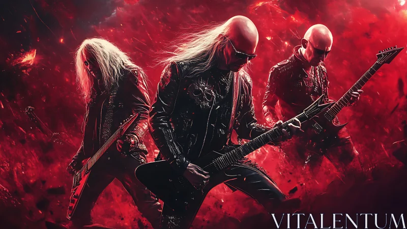 Metal guitarists shred in blazing red inferno of sound and light.