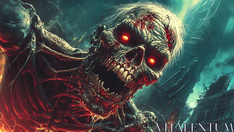 Undead horror lunges through burning postapocalyptic ruins.