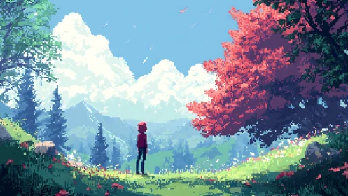 Solitary figure beneath vibrant red tree in pixel valley.