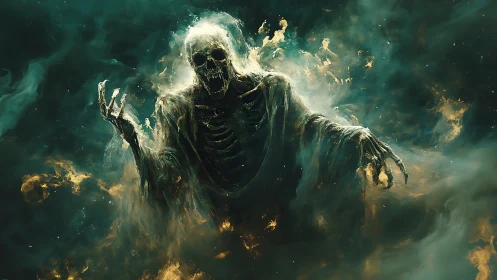 Skeletal robed figure emerges from diffuse luminous smoke field