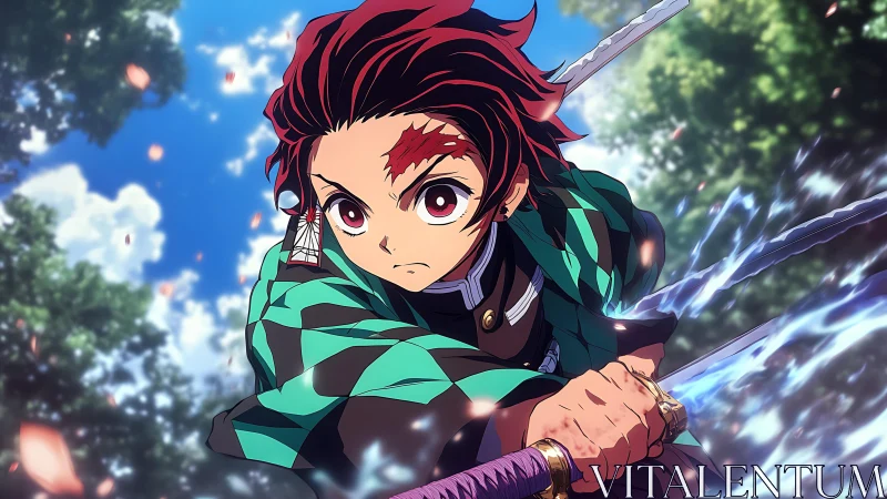 Anime swordsman lunges forward with glowing water blade.