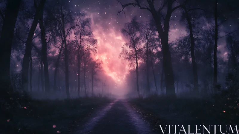 Mystic forest avenue under celestial nebula sky illumination.