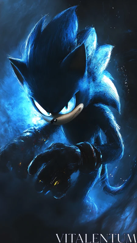 Blue hedgehog character in intense digital action pose.