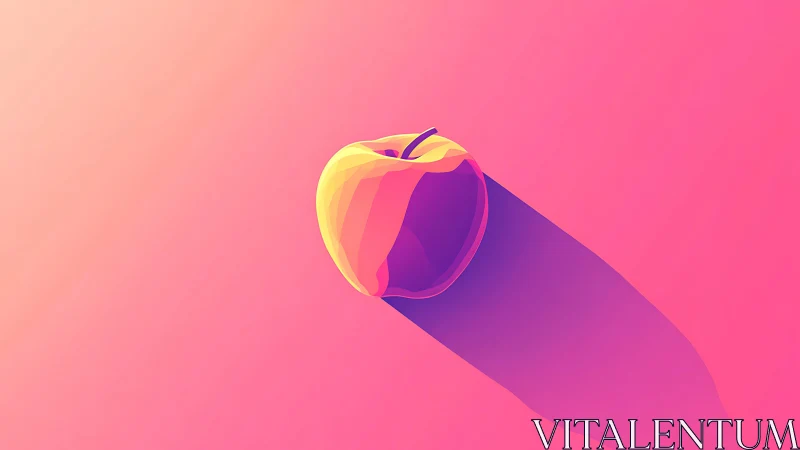 Low poly yellow apple casting long shadow on pink field.