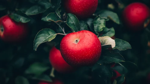 Crimson orchard jewels glimmer against deep green foliage.