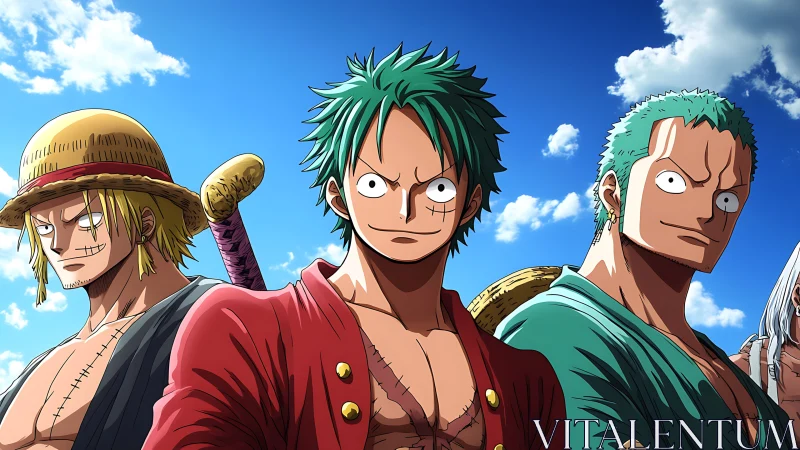 Anime pirate trio under vivid blue sky in bold composition.