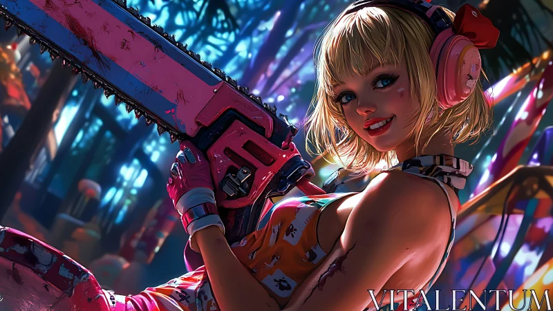 Bubblegum slayer girl grins through neon chainsaw mayhem.