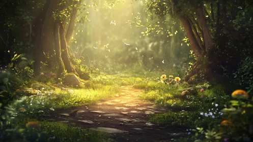 Forest pathway with filtered sunlight and ambient vegetation.