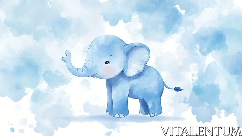Cute blue baby elephant stands against soft watercolor sky