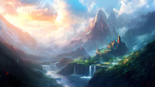 Sunlit mountain citadel overlooks cascading valley waterfalls