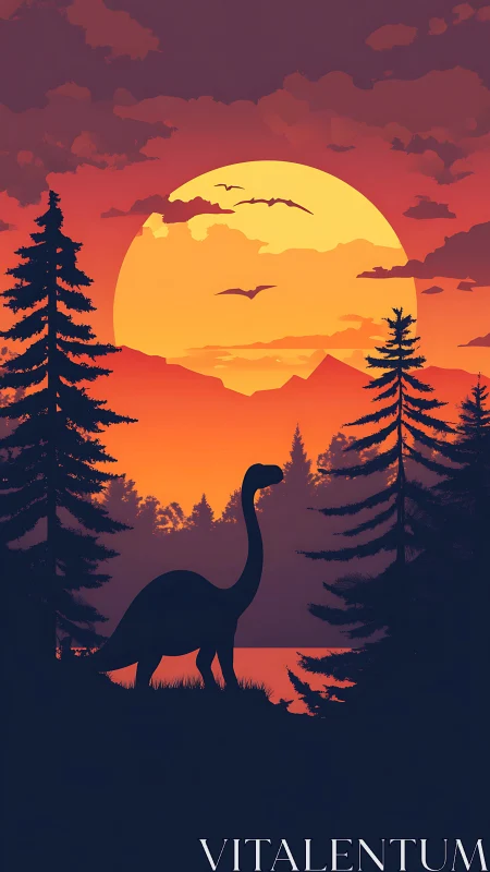 Gentle dinosaur wanders beneath a glowing prehistoric sunset