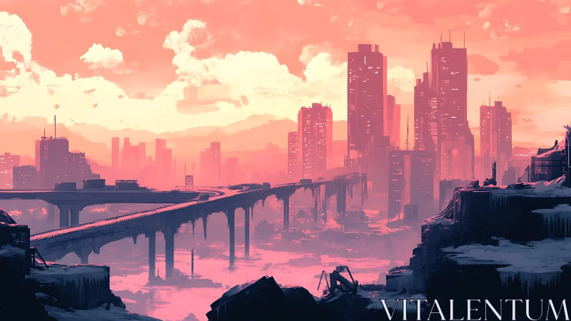 Soft sunset glows over a quiet, crumbling future cityscape