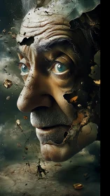 Fragmented elderly face disintegrates into debris in air