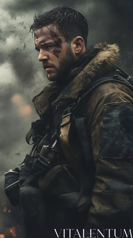 Battle-worn soldier in heavy gear amid dense battlefield smoke