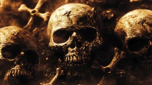 Gritty golden skulls glow softly in smoky, shadowed light
