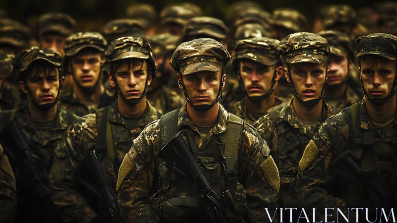 Stoic soldiers in camo ranks under brooding field light.