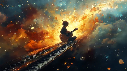 Solitary guitarist drifts through cosmic clouds of fire and light