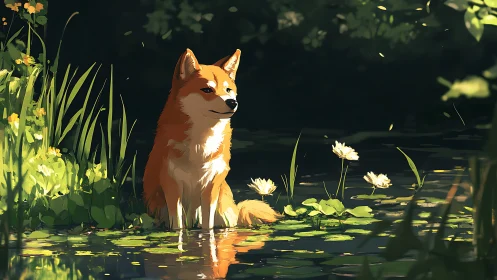 Sunlit fox-dog sentinel dreaming by a lily-dotted pond.