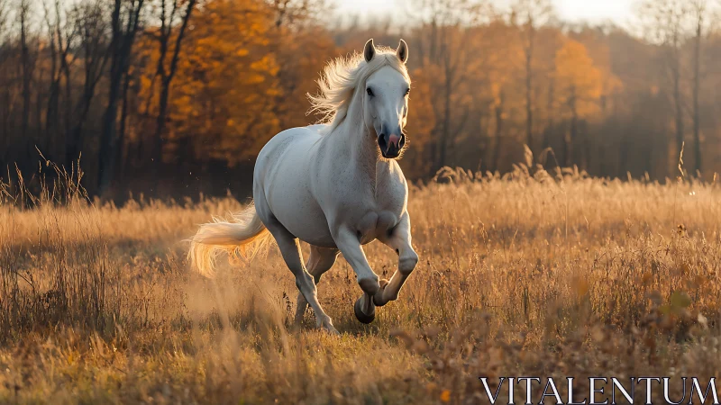 Sunlit white stallion charging through amber autumn field.