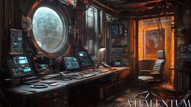 Orbital hacker&rsquo;s den gazing at stormy planetwide secrets.