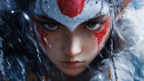 Close frontal view of painted warrior face in snowfall.