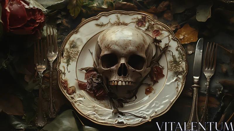 Forensic still life of skull on baroque dinner service plate.