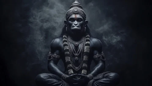 Majestic monkey-headed deity sits in powerful calm