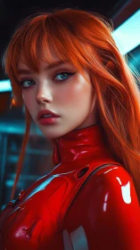 Cinematic redheaded pilot in reflective sci‑fi exosuit portrait